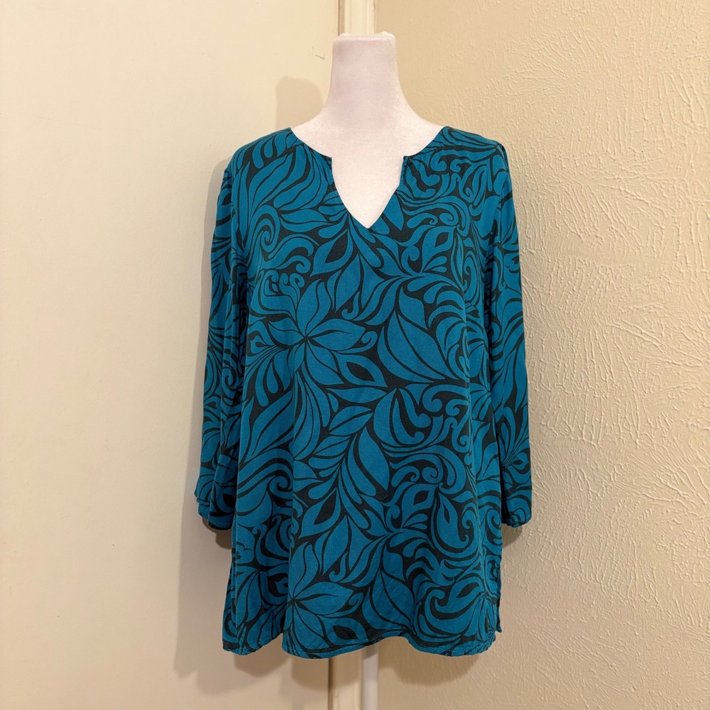 Hilo Hattie Silk Bamboo Tunic Top Tropical Swirl Tribal Hawaiian Print Sz M